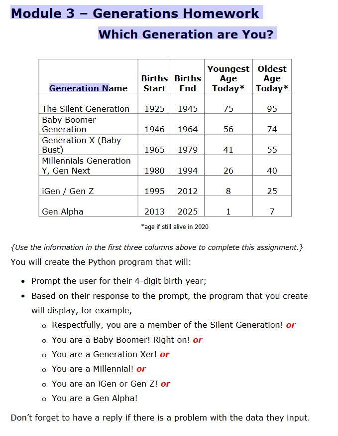 Solved Generations Homework Which Generation are You? {Use | Chegg.com