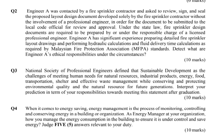 Solved KS) Q2 Engineer A was contacted by a fire sprinkler | Chegg.com