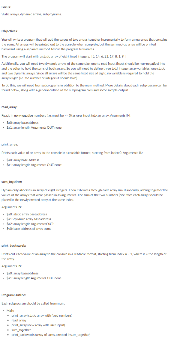 Focus: Static arrays, dynamic arrays, subprograms. | Chegg.com