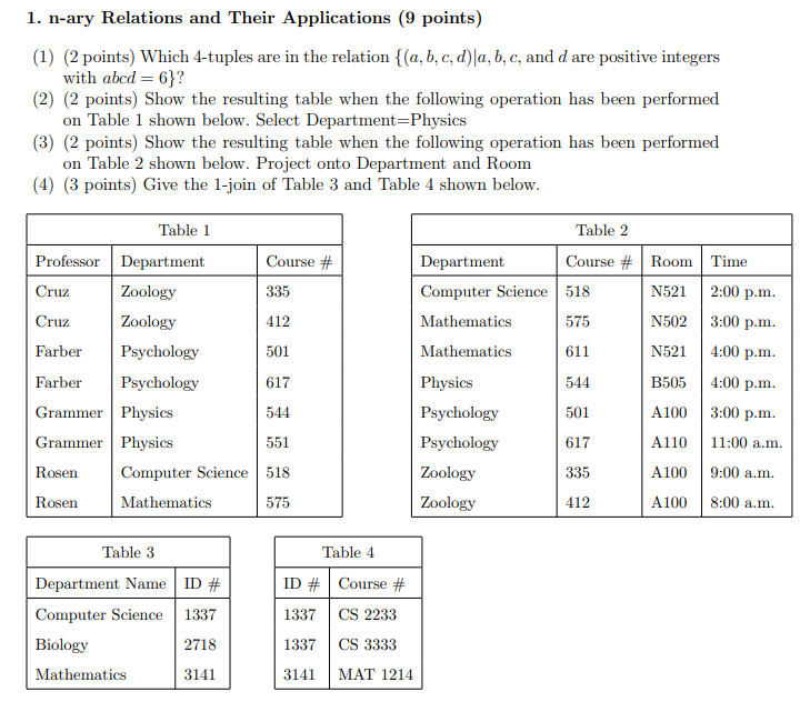 Solved 1. n-ary Relations and Their Applications (9 points) | Chegg.com