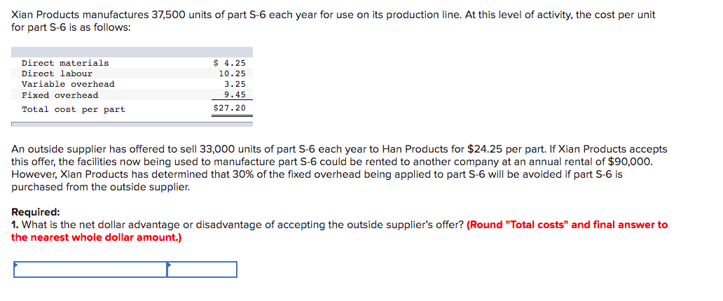 Solved Xian Products manufactures 37,500 units of part S-6 | Chegg.com