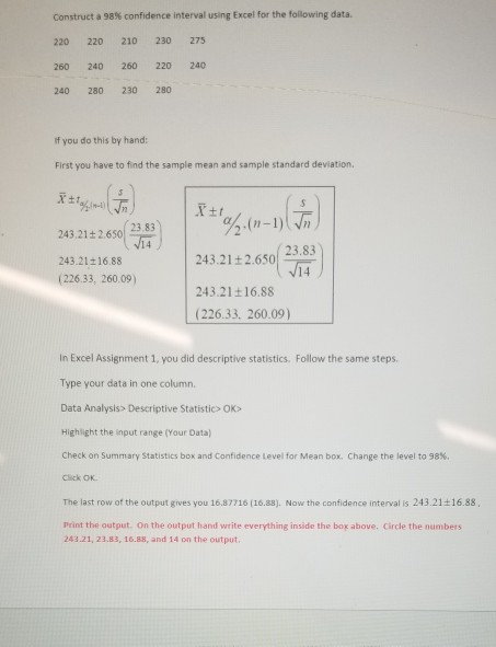 Solved Construct a 98% confidence interval using Excel for | Chegg.com