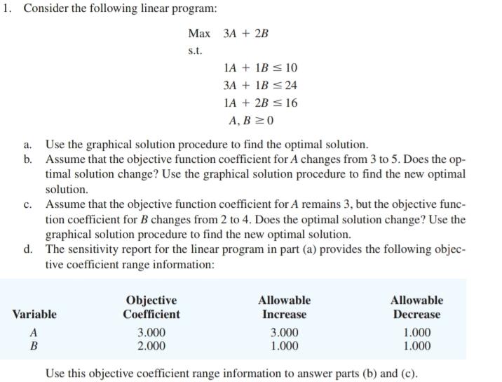 Solved 1. Consider the following linear program: Max 3A + 2B | Chegg.com