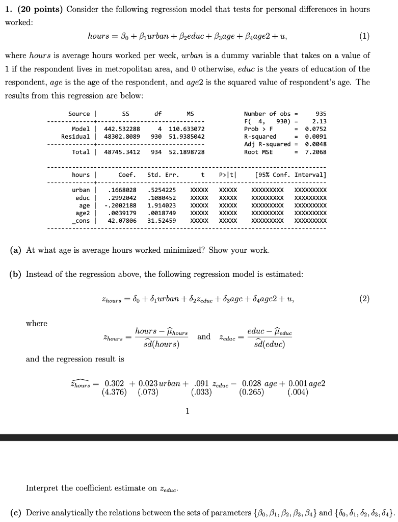 Solved 1. (20 points) Consider the following regression | Chegg.com