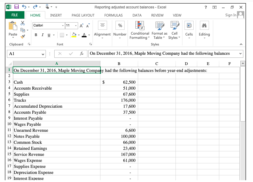 Solved Reporting adjusted account balances - Excel X Sign In | Chegg.com