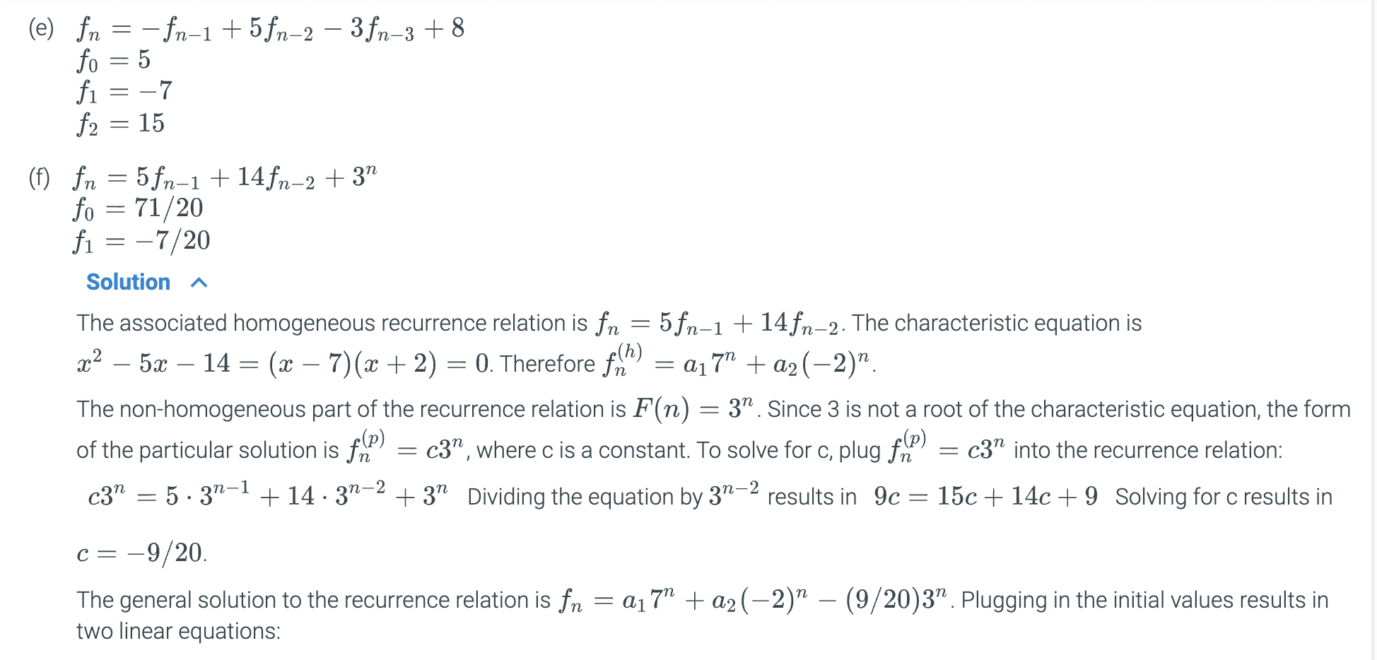 Solved Solve the recurrence relation. Please do part e and | Chegg.com