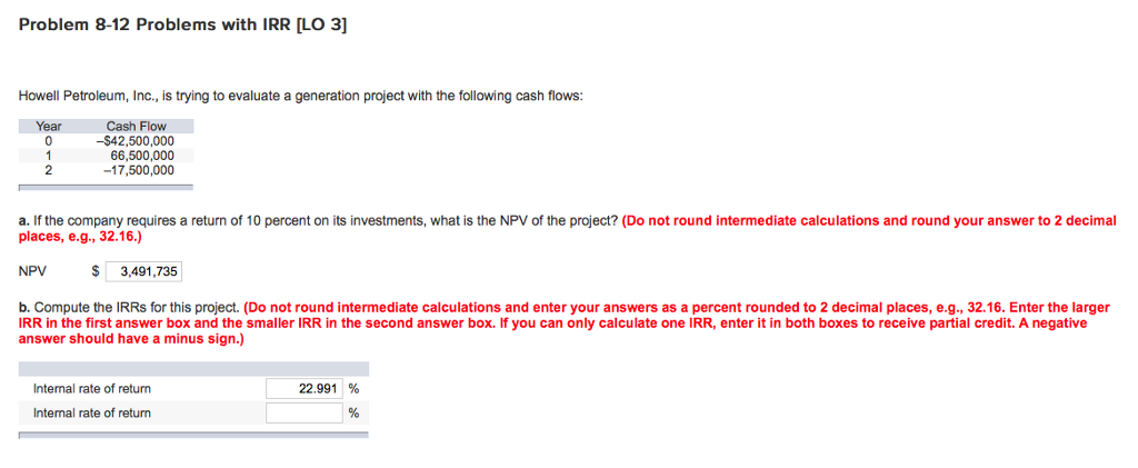 Solved Problem 8-12 Problems with IRR [LO 3] Howell | Chegg.com