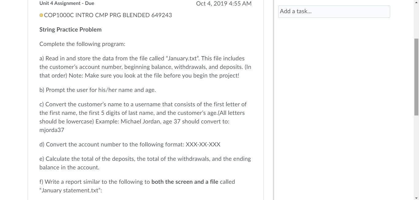 Unit 4 Assignment - Due Oct 4, 2019 4:55 AM Add a | Chegg.com