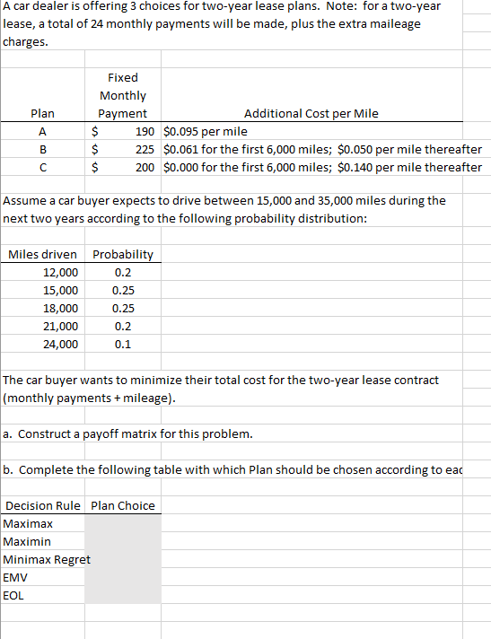 (Solved) Car Dealer Offering 3 Choices Two Year Lease Plans Note Two