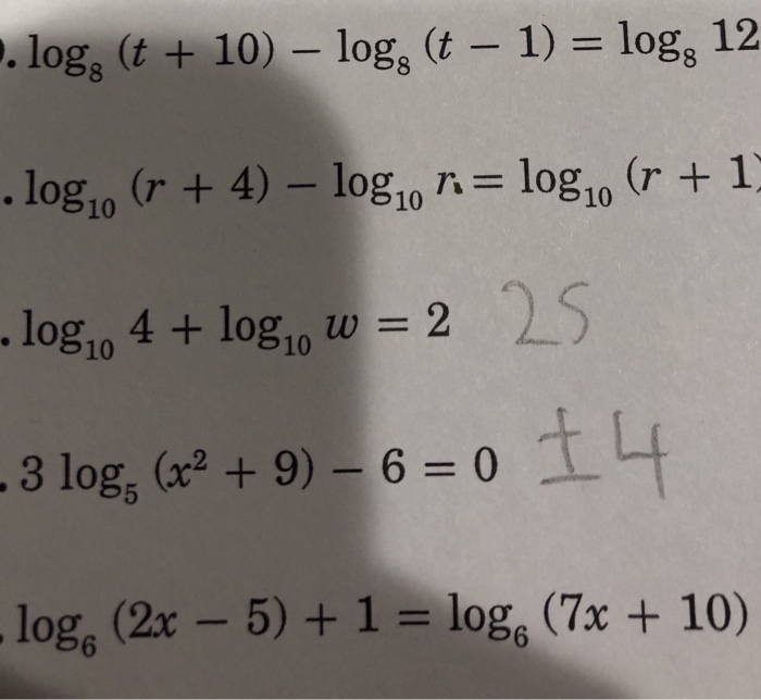 Solved . logs (t +10)- log, - 1) logg 12 log10 (r + 4)-log10 | Chegg.com