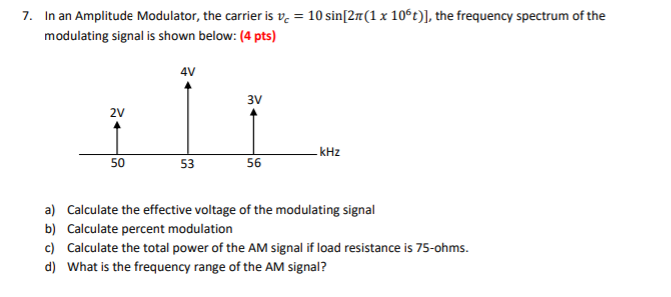 Solved 7. In an Amplitude Modulator, the carrier is v. = 10 | Chegg.com