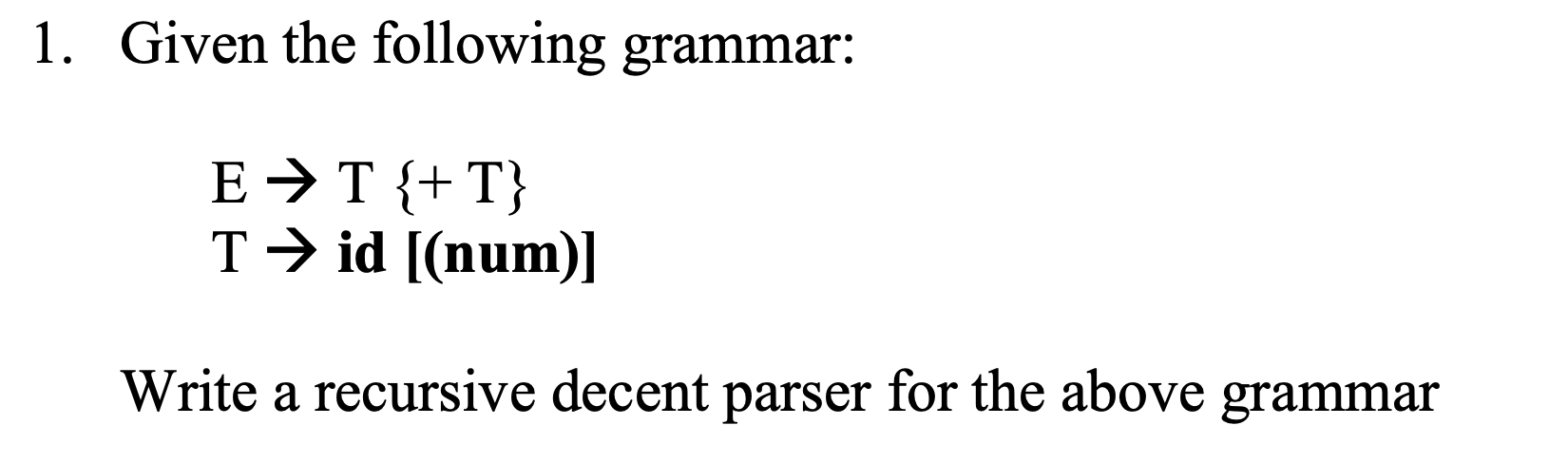 Solved 1. Given The Following Grammar: E→T{+T}T→ Id [(num)] | Chegg.com