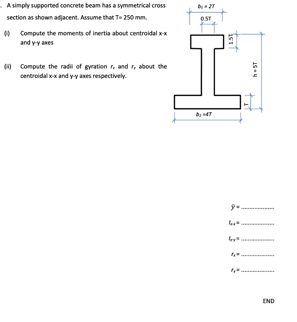 A simply supported concrete beam has a symmetrical cross section as shown adjacent. Assume that \( \mathrm{T}=250 \mathrm{~mm