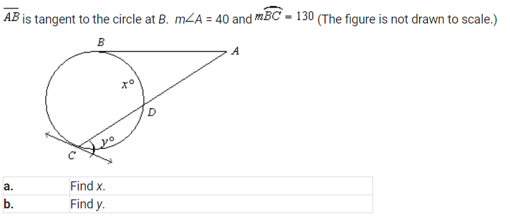 Solved AB is tangent to the circle at B.m∠A=40 and mBC=130 | Chegg.com