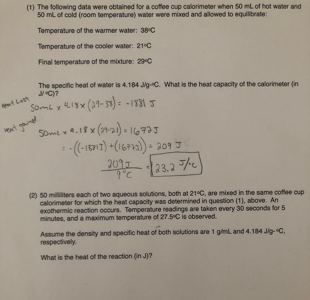 Solved (1) The following data were obtained for a coffee cup