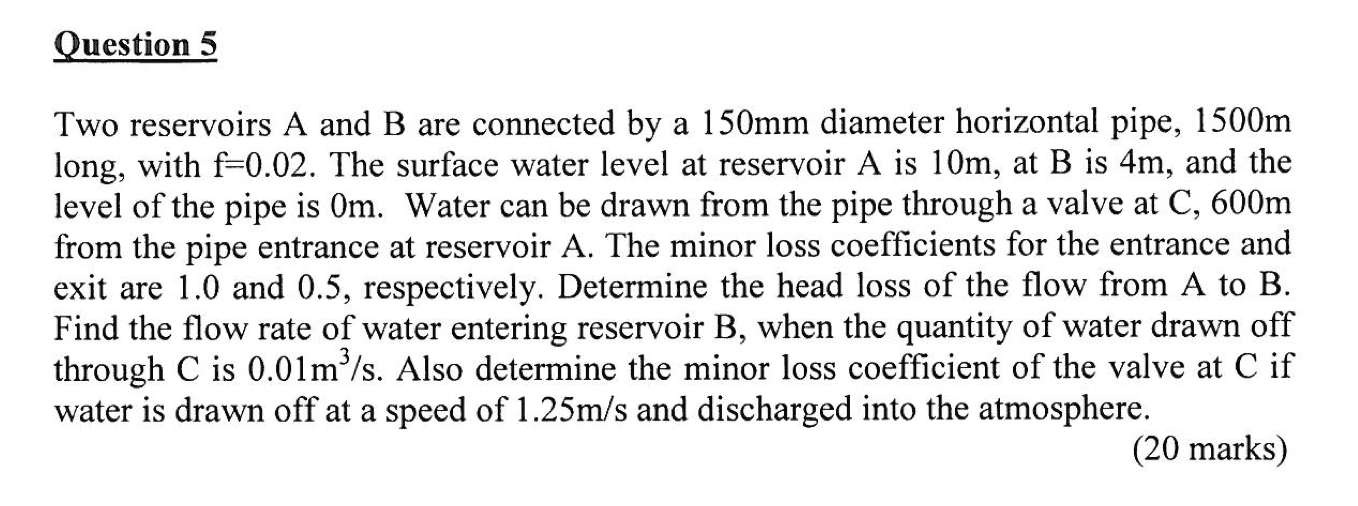 Solved Question 5 Two reservoirs A and B are connected by a | Chegg.com