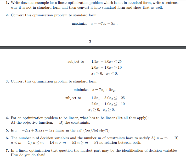 Solved 1. Write down an example for a linear optimization | Chegg.com