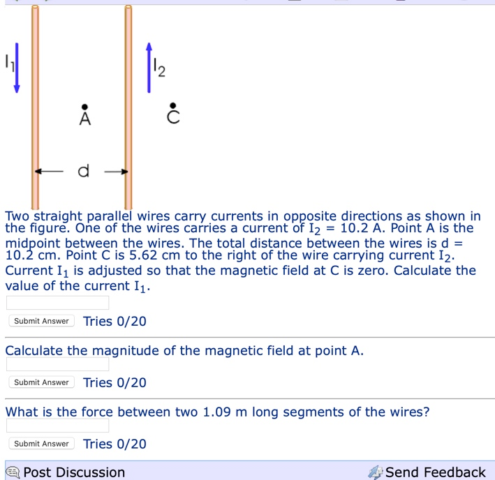Solved А. d Two straight parallel wires carry currents in | Chegg.com