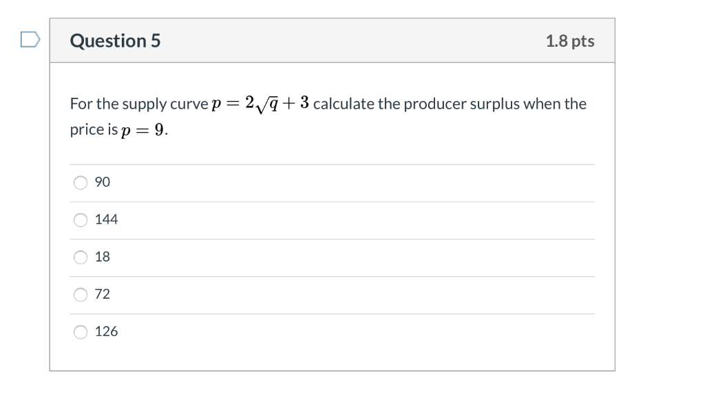 Solved Question 5 1.8 pts For the supply curve p= 2/2+3 | Chegg.com