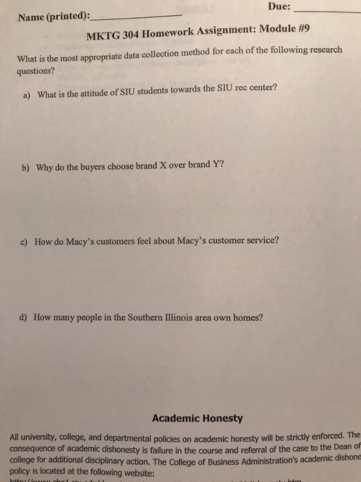 Solved Due: Name (printed): MKTG 304 Homework Assignment: | Chegg.com