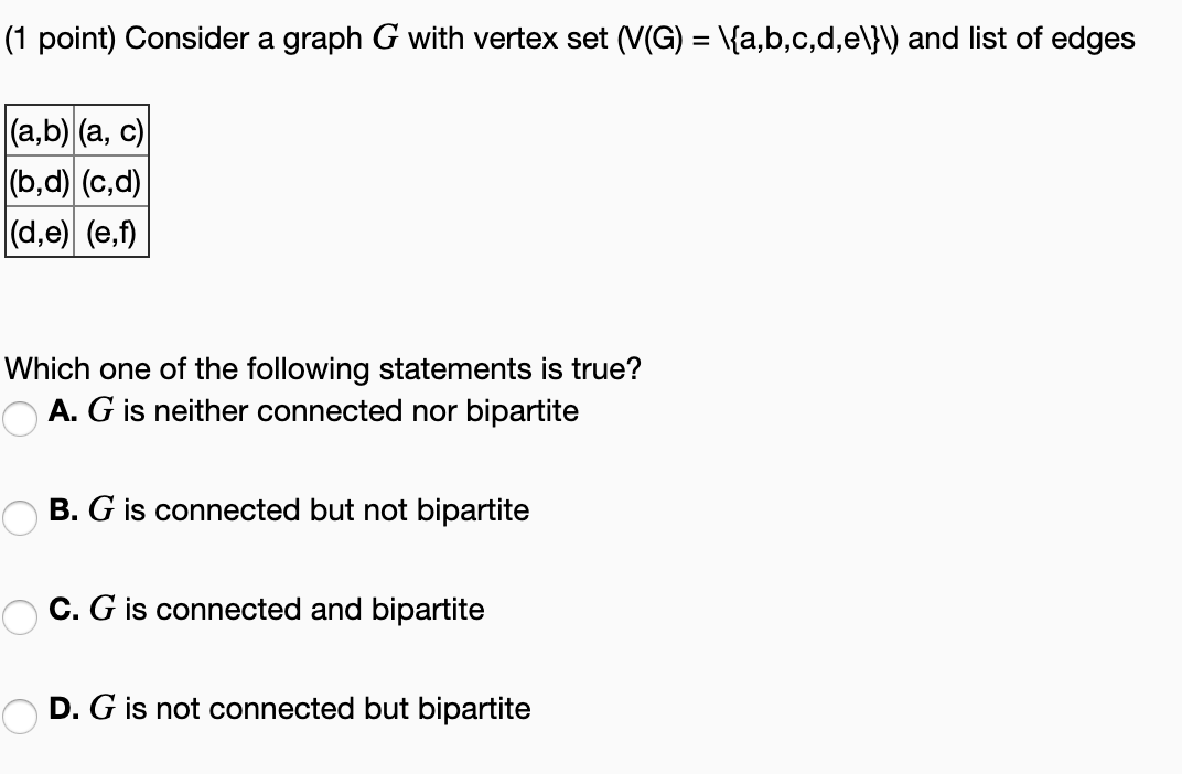 Solved (1 point) Consider a graph G with vertex set (VG) = | Chegg.com