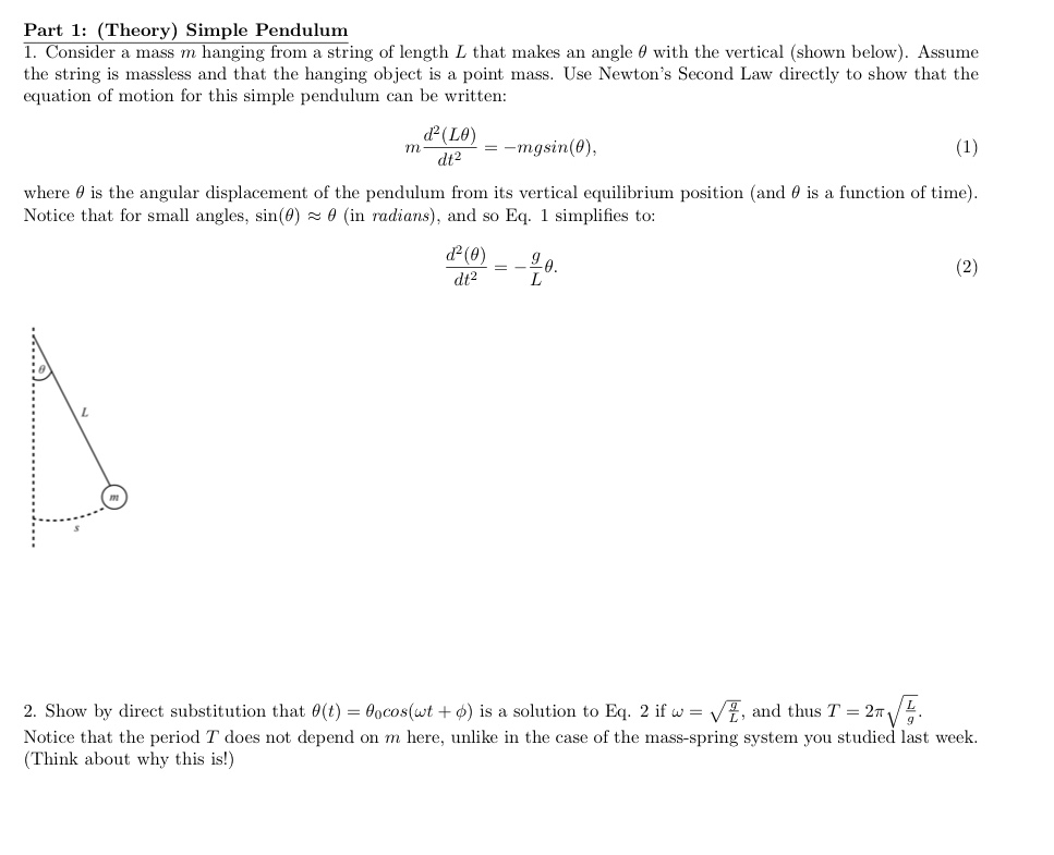 Solved Part 1: (Theory) Simple Pendulum 1. Consider a mass m | Chegg.com