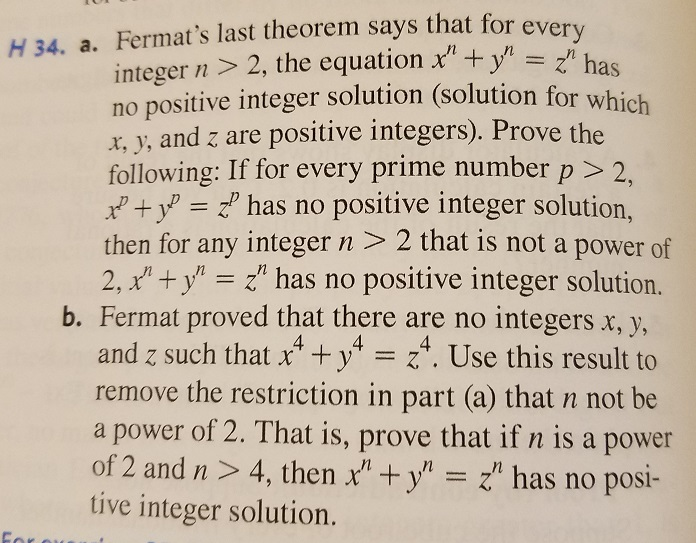 H 34 A Fermats Last Theorem Says That For Every 3785