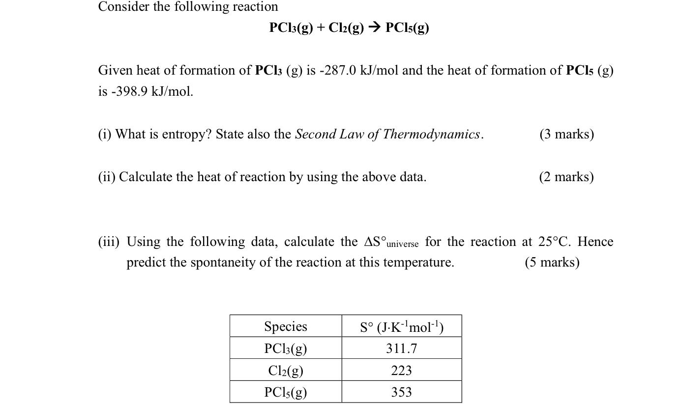 Solved Consider The Following Reaction PCl3( G)+Cl2( | Chegg.com