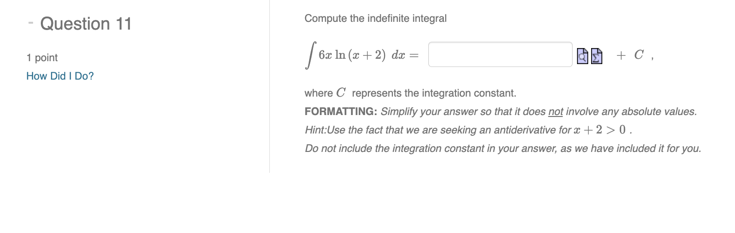 Solved Compute the indefinite integral ∫6xln(x+2)dx= 圆法 +C | Chegg.com