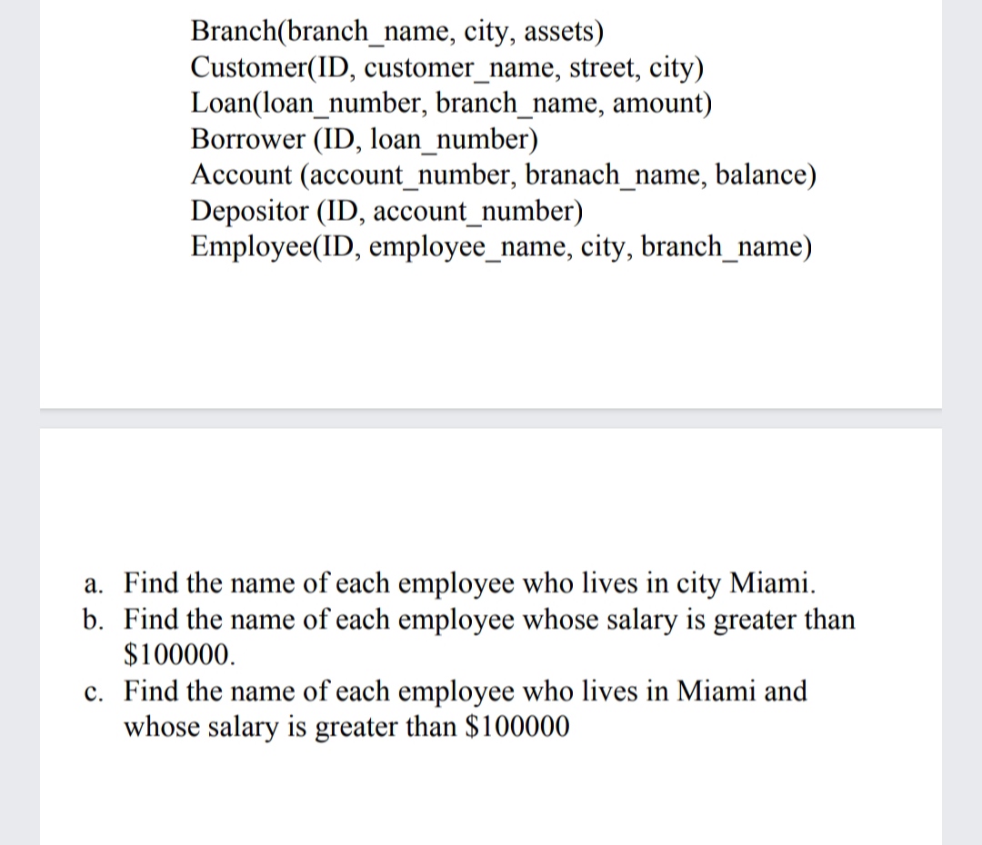 Solved Branch(branch_name, city, assets) Customer(ID, | Chegg.com