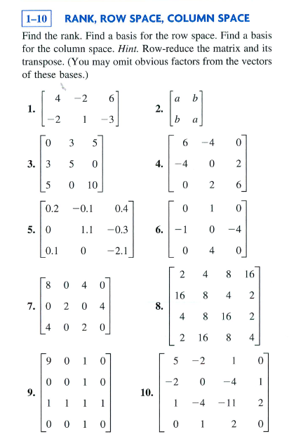 Solved 1 10 RANK ROW SPACE COLUMN SPACE Find the rank. Chegg