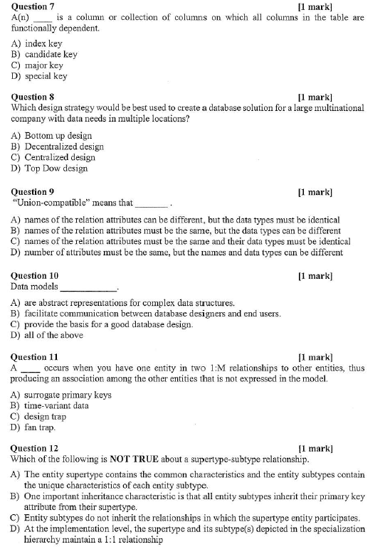 Solved Question 7 1 Mark A N Is A Column Or Collection Chegg Com