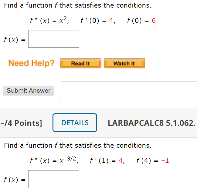 Solved Find a function f that satisfies the conditions. f" | Chegg.com