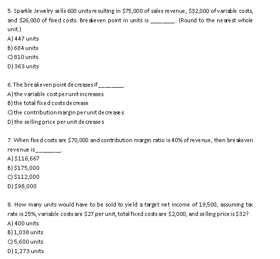 Solved 5 Sparkle Jewelry Sells 600 Units Resulting In Chegg