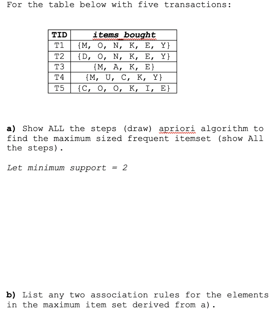 Solved For The Table Below With Five Transactions Tid T1 Chegg Com