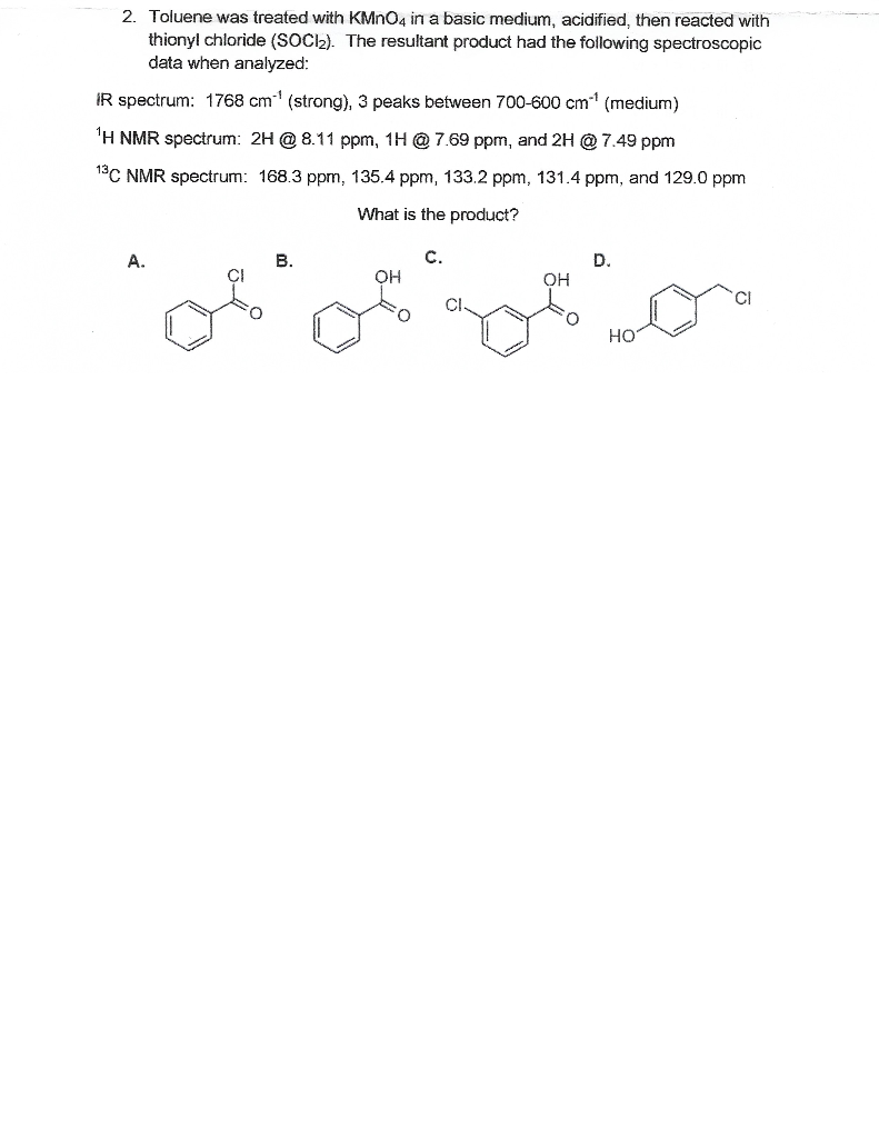 Solved 2. Toluene was treated with KMnO4 in a basic medium, | Chegg.com