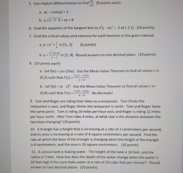Solved 5. Use implicit differentiation to find (8 points | Chegg.com