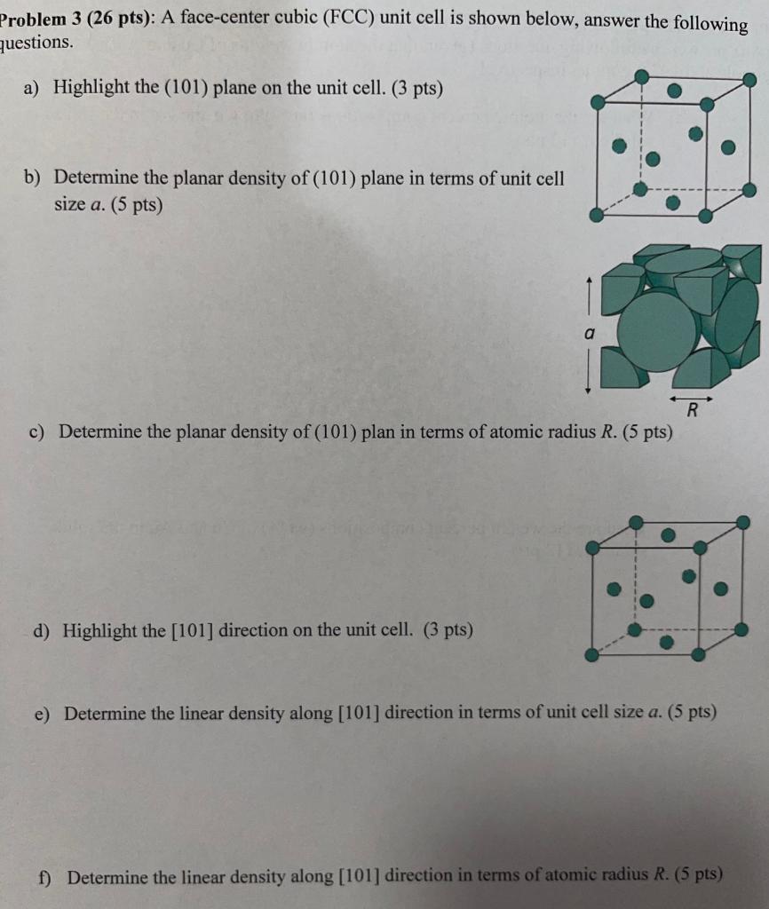 Solved Problem 3 (26 pts): A face-center cubic (FCC) unit | Chegg.com