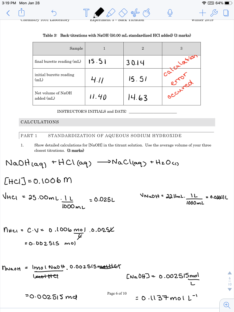 319 PM Mon Jan 28 Table 3 Backtitrations with NaOH
