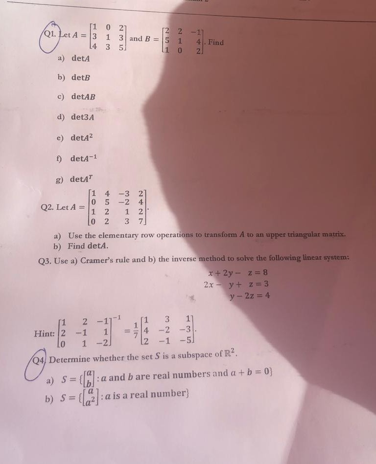Solved 2 2-1 Q1. Let A 3 1 3 and B 5 1 4. Find 1 02 a) detA | Chegg.com