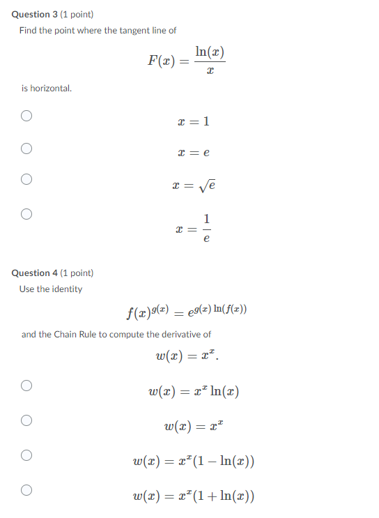 Solved Question 1 1 Point What Is The Derivative Of The Chegg Com