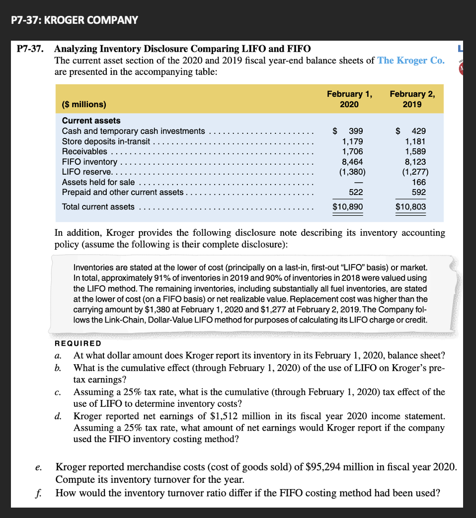 Solved 37. Analyzing Inventory Disclosure Comparing LIFO and