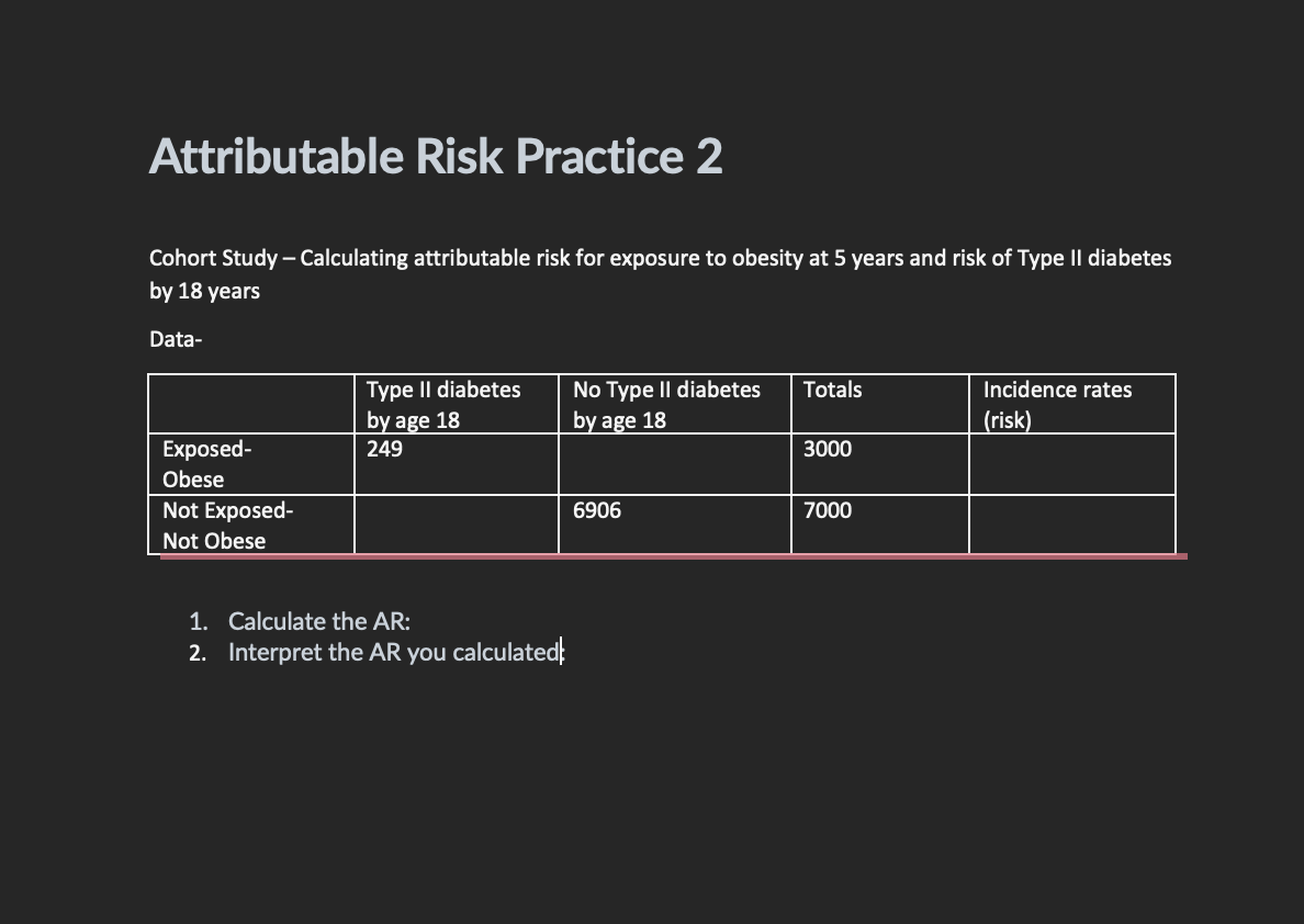 Solved Cohort Study - Calculating attributable risk for | Chegg.com