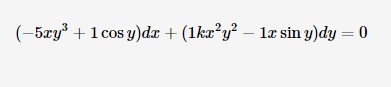 \( \left(-5 x y^{3}+1 \cos y\right) d x+\left(1 k x^{2} y^{2}-1 x \sin y\right) d y=0 \)