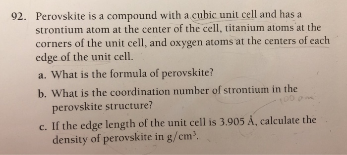 Solved Perovskite is a compound with a cubic unit cell and | Chegg.com