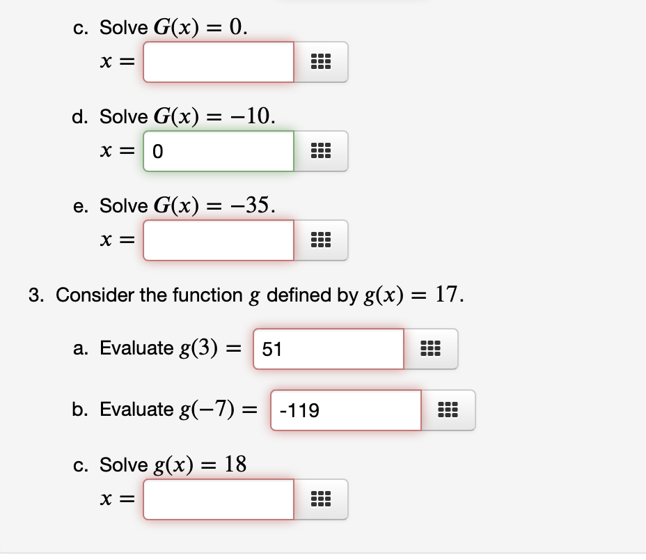 Solved c. Solve G(x) = 0. X= : d. Solve G(x) = -10. x = 0 e. | Chegg.com
