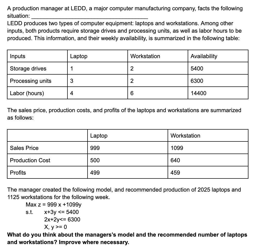Solved A production manager at LEDD, a major computer