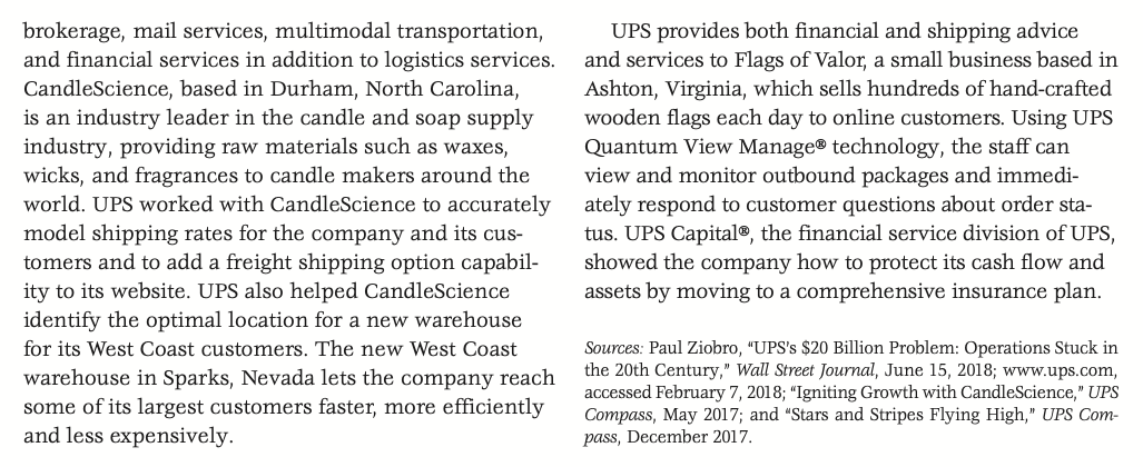 brokerage, mail services, multimodal transportation, \( \quad \) UPS provides both financial and shipping advice and financia