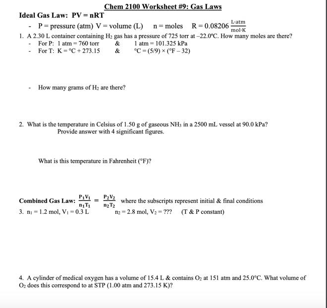 Solved Chem 2100 Worksheet 9 Gas Laws Ideal Gas Law PV =