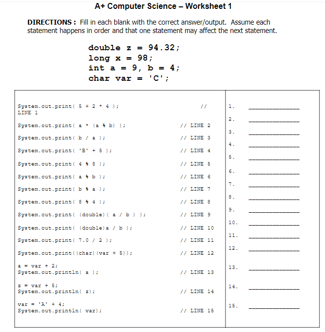 Solved A Computer Science Worksheet 1 DIRECTIONS Fill Chegg